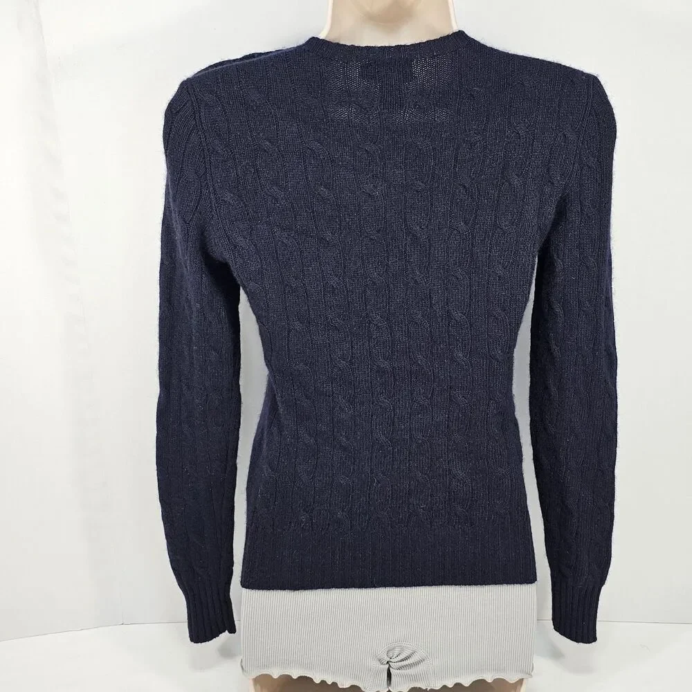 Vintage Y2K RL Rugby Navy Blue Cable Knit Shoulder Button Sweater XS Preppy